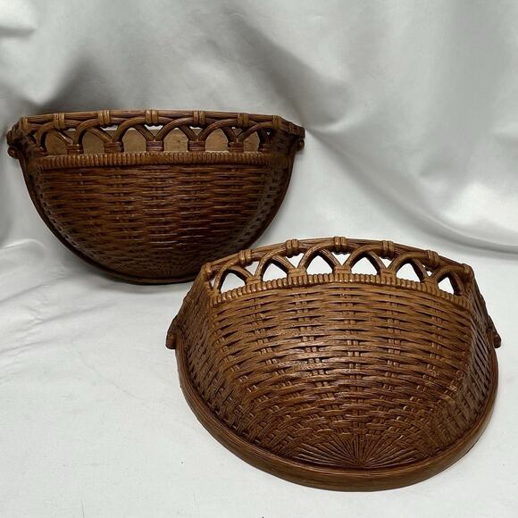 Vtg Homco Brown Faux Wicker Wall Pocket Decor Planter Set 2 Granny Cottage Decor - Picture 1 of 8